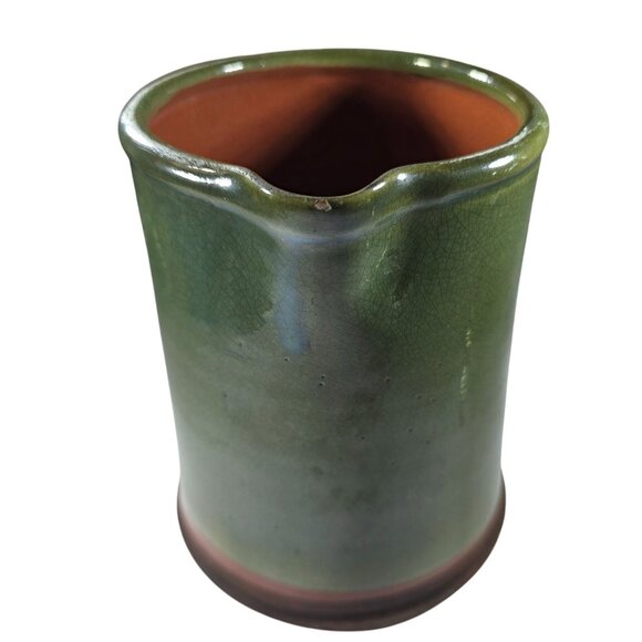 Handcrafted pitcher Green Ceramic olive brown rustic country inscribed initialed - Picture 5 of 9